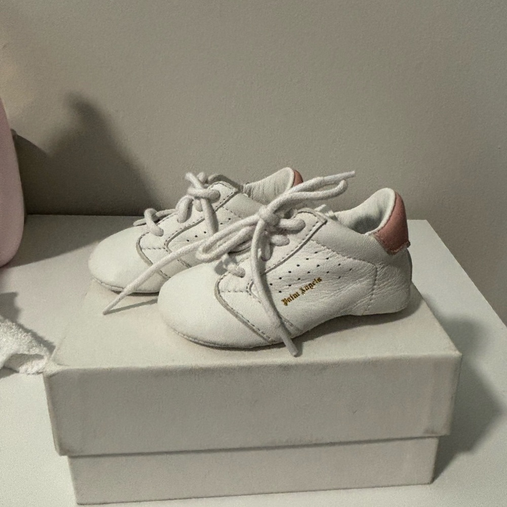 White and Pink Kids Leather Sneakers
